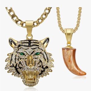 Gold Tiger Pendant Necklace with Crystal Accents